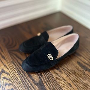 Stuart Weitzman Payson Black Suede Loafer with gold SW hardware women’s size 7